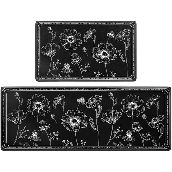 Black Kitchen Rugs Set of 2 Cushioned Black Kitchen Mats for Floor Non-Slip Waterproof Black and White Kitchen Rugs Black Flowers for Kitchen, Home, Office, Laundry 17x29 and 17x47 Inch