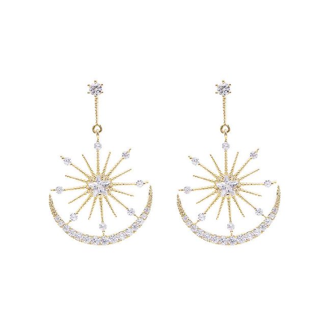 Pendientes colgantes de luna y estrella de circonita cúbica de lujo para niñas y mujeres, pendientes de borla de estrella de circonita cúbica colgantes largos de diamante simulado de moda