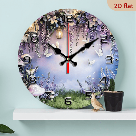 2D Flat, 1pc, Enchanted Butterfly Floral 10-Inch Silent Wooden Wall Clock - Whimsical Fairy Tale Design with Mushrooms, Violets Butterflies, Battery Operated - Perfect for Living Ro