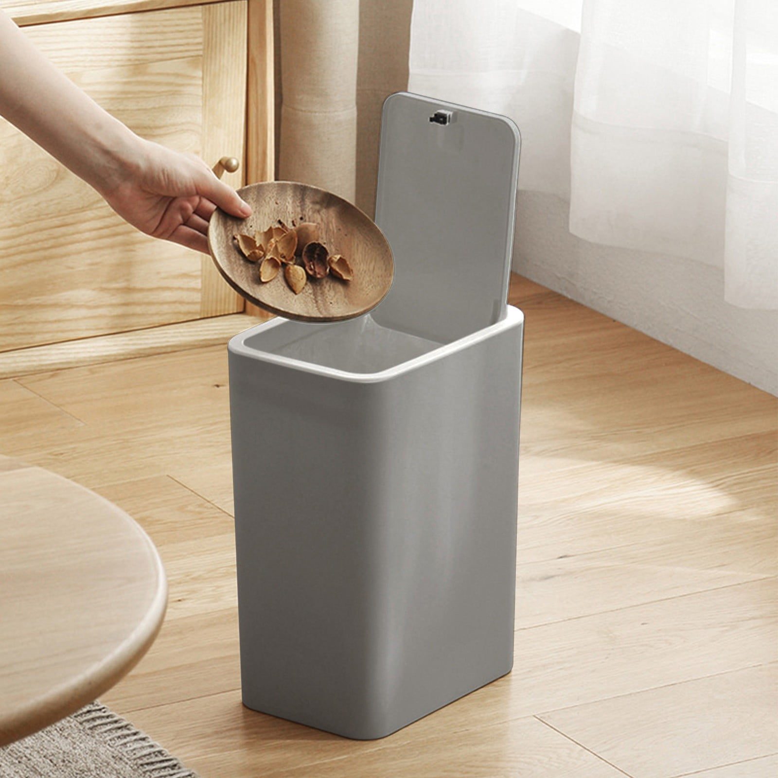KITTEHIGM Bathroom Trash Can Small Bathroom Trash Can with Press Lid Plastic Wastebasket with Press-to-Open Lid for Toilet Office Bedroom Living Room Space-Saving Garbage Bin for Home Use
