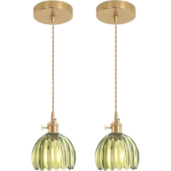 Pendant Light 2 Pack with Green Tulip Glass Lmapshade, Brass Vintage Pendant Light Adjustable Hanging Light for Kitchen Island Dining Room Hallway
