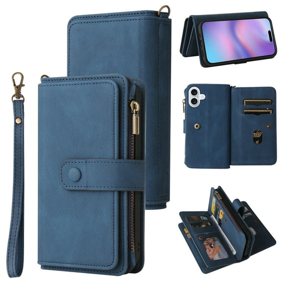Phone Case for iPhone 17, Wallet Case Luxury Folio Flip Leather Cover [Zipper Pocket] [Wrist Strap] [Kickstand] for iPhone 17, Blue