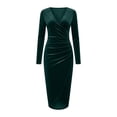 thumbnail image 6 of Karymi Dresses for Women Solid Velvet Long Sleeve Dress, Wrap V Neck Ruched Waist Bodycon Midi Dresses with Irregular Split Hem for Evening Holiday Party, 6 of 6
