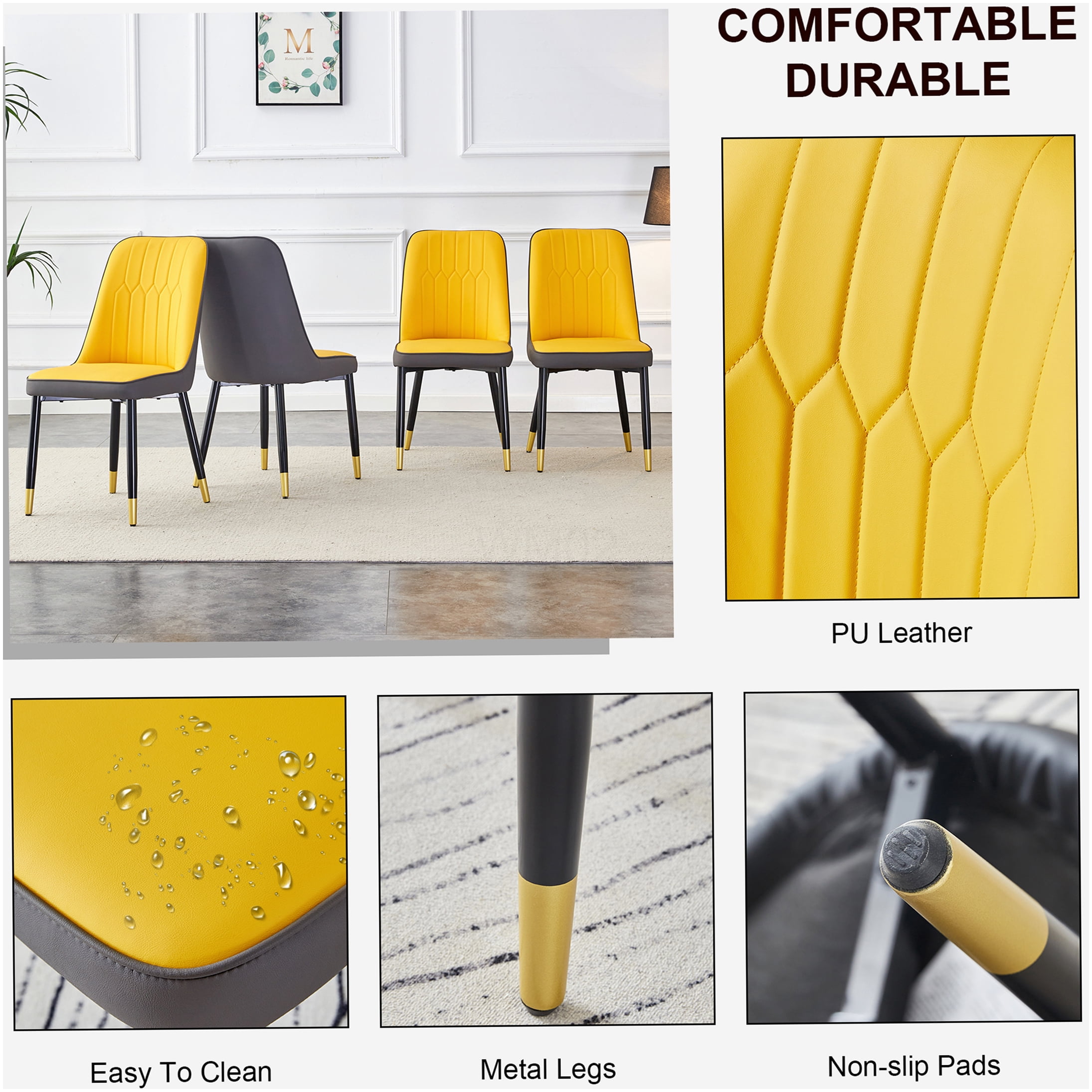 Modern Dining Chairs Set of 4, PU Leather Upholstered Side Chairs with Black Metal Legs for Kitchen Dining Room Office