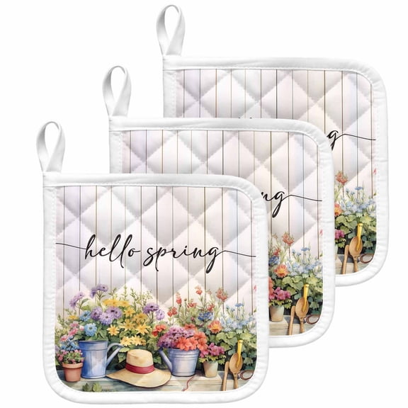 Hello Spring Pot Holders for Kitchen Heatproof Potholder, 3 Pack Elagant Summer Floral Botanical Wooden Hot Pads Multipurpose Oven Pads Cloth Potholders Trivet for Cooking Baking