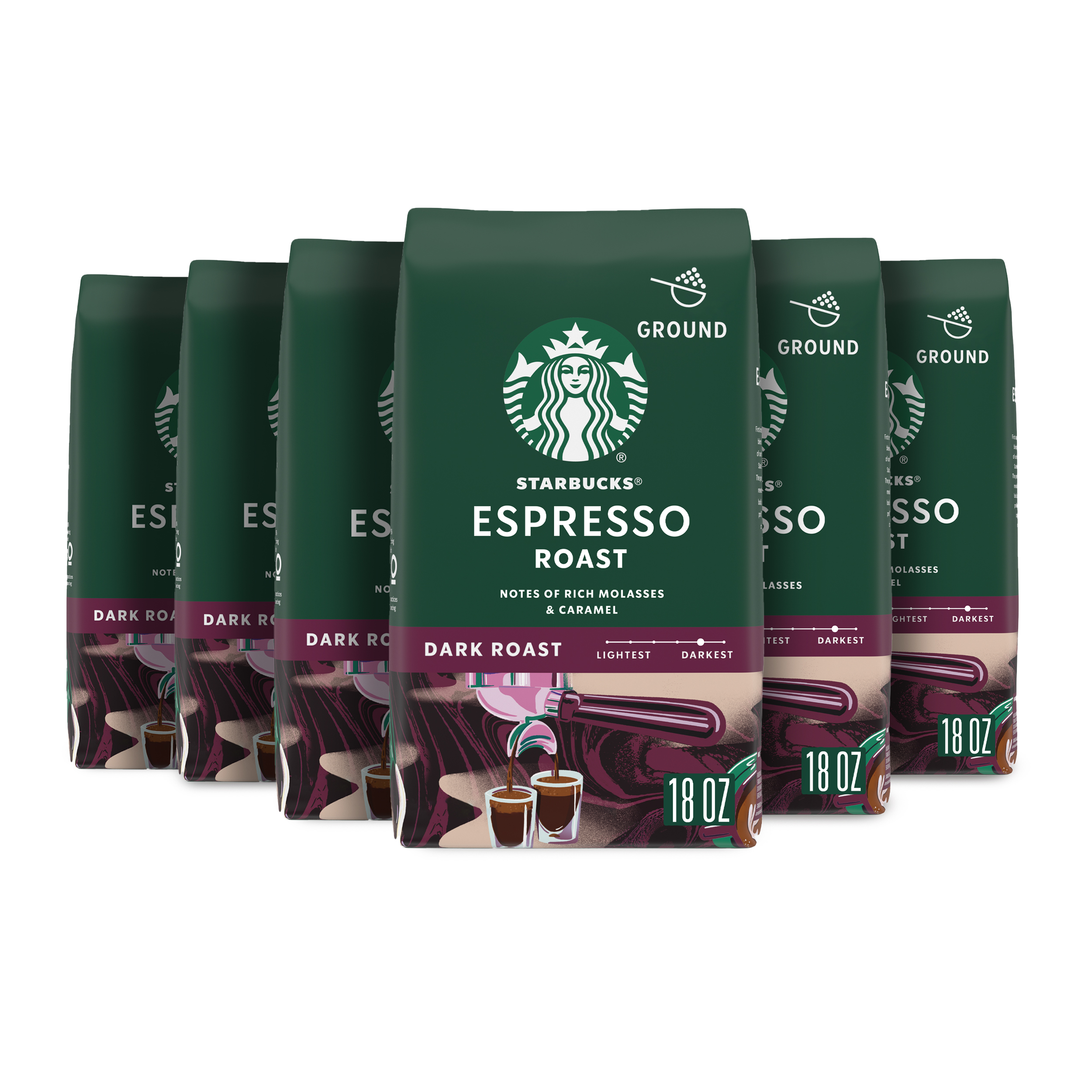 (6 pack) Starbucks Espresso Roast, Ground Coffee, Dark Roast Hot or Iced Coffee, 18 oz