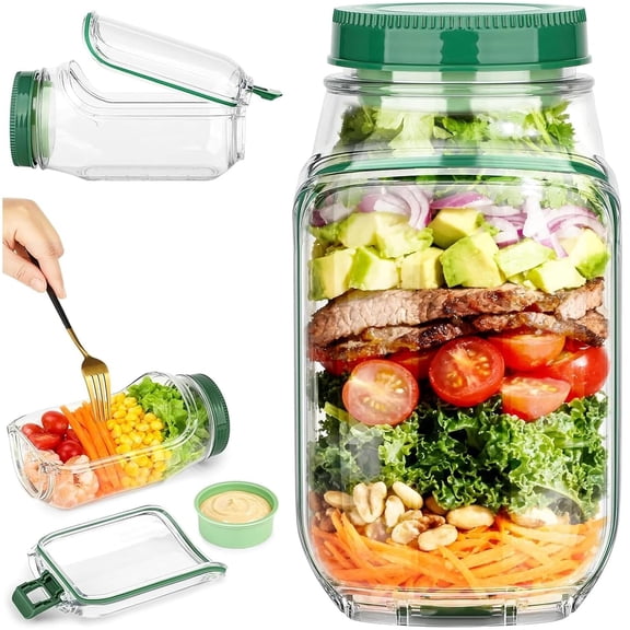 WEXLYN Green Plastic Leakproof Dressing Container Lid-to-Bowl Design Reusable Salad Jar with Side Opening Vegetables Food Storage Jar