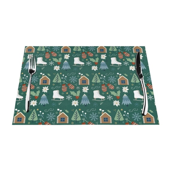 XMXT 1 Pcs Woven Placemats, Cute Christmas Trees Skates Stain Resistant Anti-Skid Placemat for Kitchen Table, 12 x 18 inches