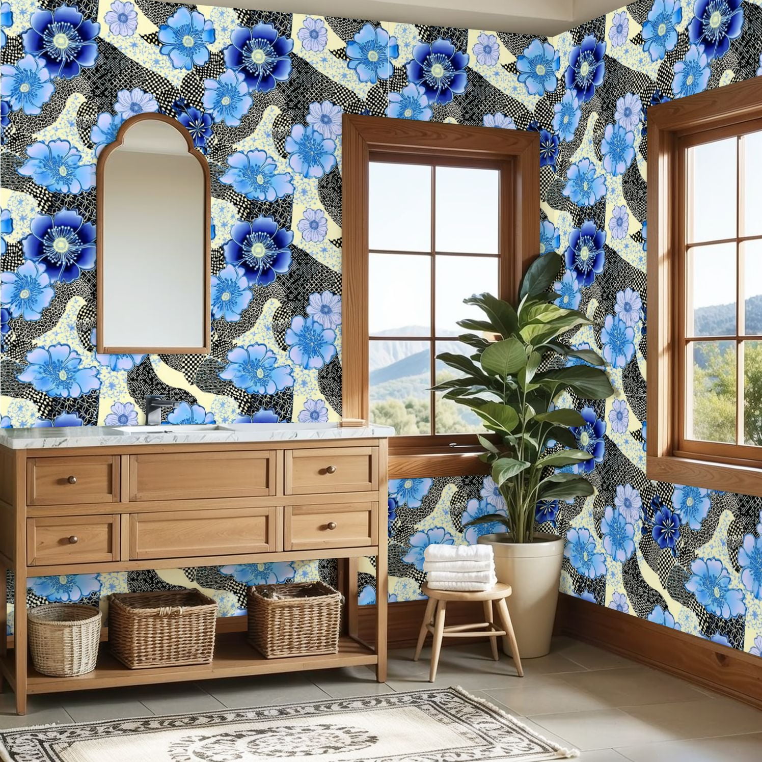 Peel and Stick Wallpaper 23.6in x 9.8ft Blue Floral Blossom Abstract Geometric Shapes Textured Contact Paper Vinyl Self-Adhesive Removable Wall Paper for Bedroom Bathroom Renter Friendly