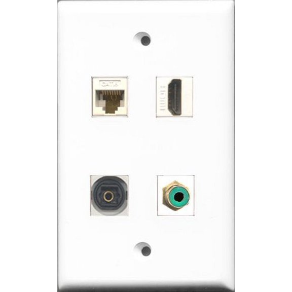 RiteAV 1 Port HDMI and 1 Port RCA Green and 1 Port Toslink and 1 Port Cat6 Ethernet White Wall Plate