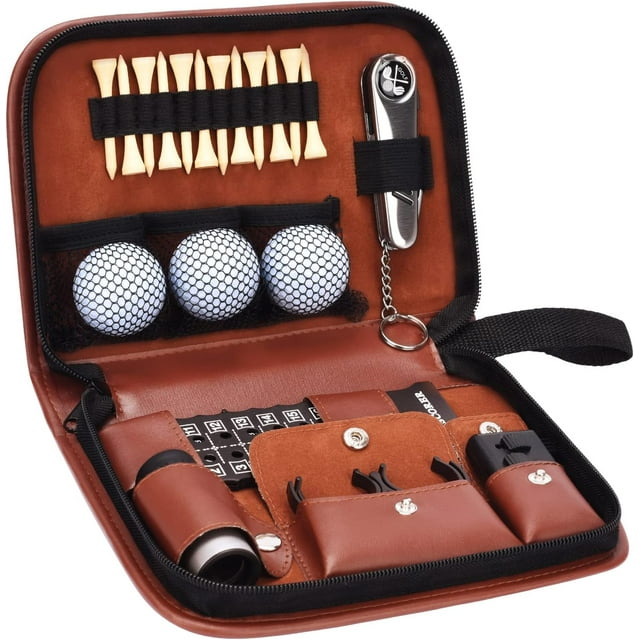 Estuche premium con telémetro, pelotas, tees, cepillo, herramienta para hacer hoyos y más. El mejor set de regalo para golfistas