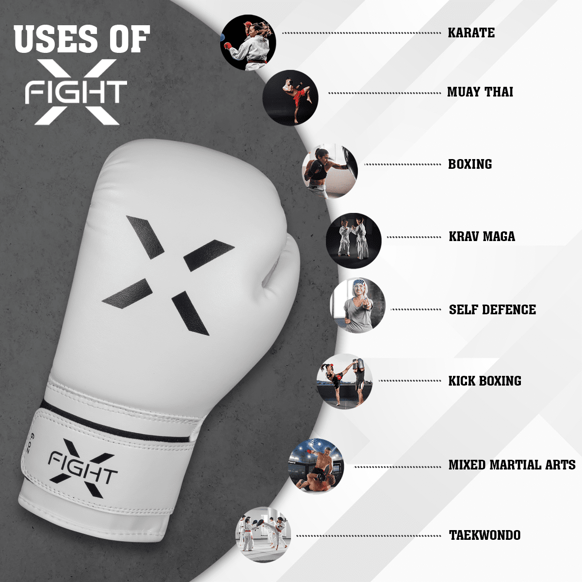 FightX Boxing Gloves 8oz for Men & Women, MMA Muay Thai Training & Punching Bag Gloves, White/Black