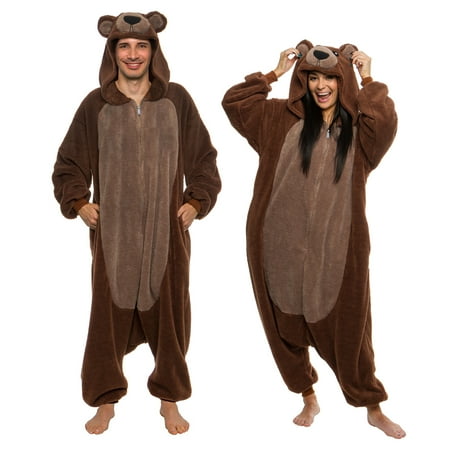 

FUNZIEZ! Adult Unisex Sherpa Brown Bear Plush One Piece Animal Costume - Comfortable Jumpsuit (Medium)