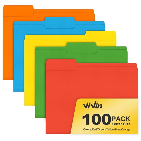 ViVin File Folder with 1/3 Cut Tabs, Fits Letter Size, 100 Pack, for School and Office(2nd Multicolored)