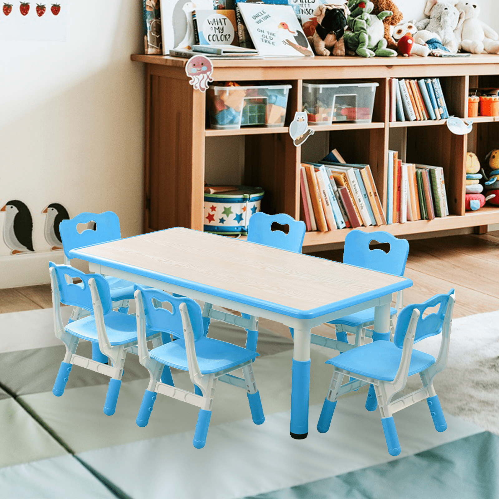 Height Adjustable Kids Table and 6 Chairs Set - Graffiti-Resistant Multi-Activity Desktop - Non-Slip Legs - Study & Craft Desk for Study Room, Home, Daycare - For Ages 2-10 - Blue