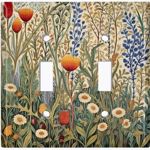 Metal Light Switch Wall Plate Outlet Cover (Printed Image of Stylized Meadow Flowers - Double Toggle)