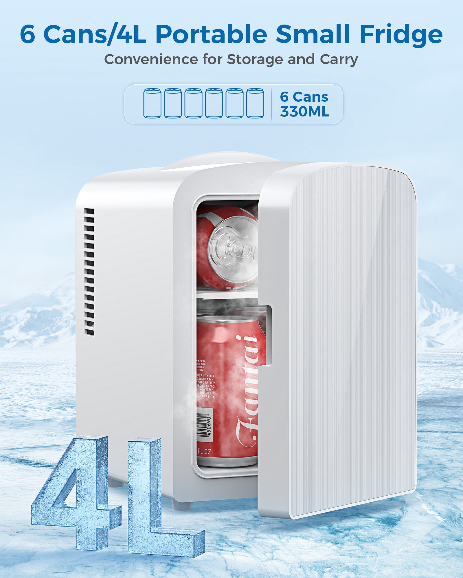 KNDKO Mini Fridge, Portable RV Refrigerator, 4 L/6 Can Compact Personal Cooler with Stainless Steel Door, 12V AC/DC, Option for Skincare, Makeup