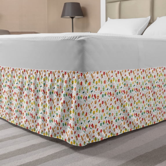 Cupcake Bed Skirt, Birthday Party Pattern with Balloons Boxes Cakes Kids Nursery Theme, Elastic Bedskirt Dust Ruffle Wrap Around for Bedding Decor, 4 Sizes, Multicolor, by Ambesonne