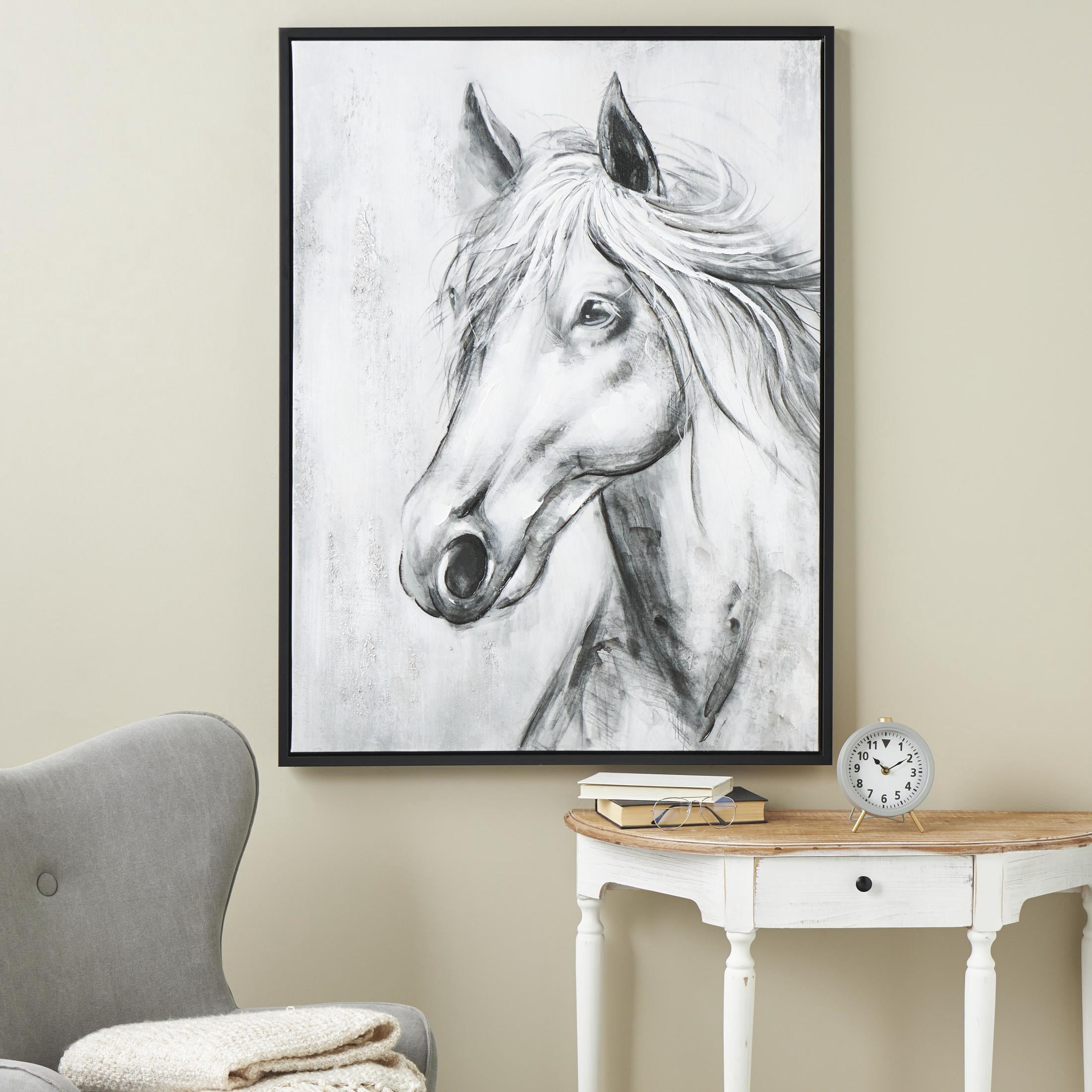 36" x 47" Hand Drawn Inspired Shaded Horse Framed Wall Art with White Background, by DecMode