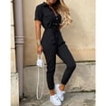 thumbnail image 4 of Women's Summer Short Sleeve Lapel Buttoned Floral Cargo JumpsuitFluorescent Green Size L, 4 of 4