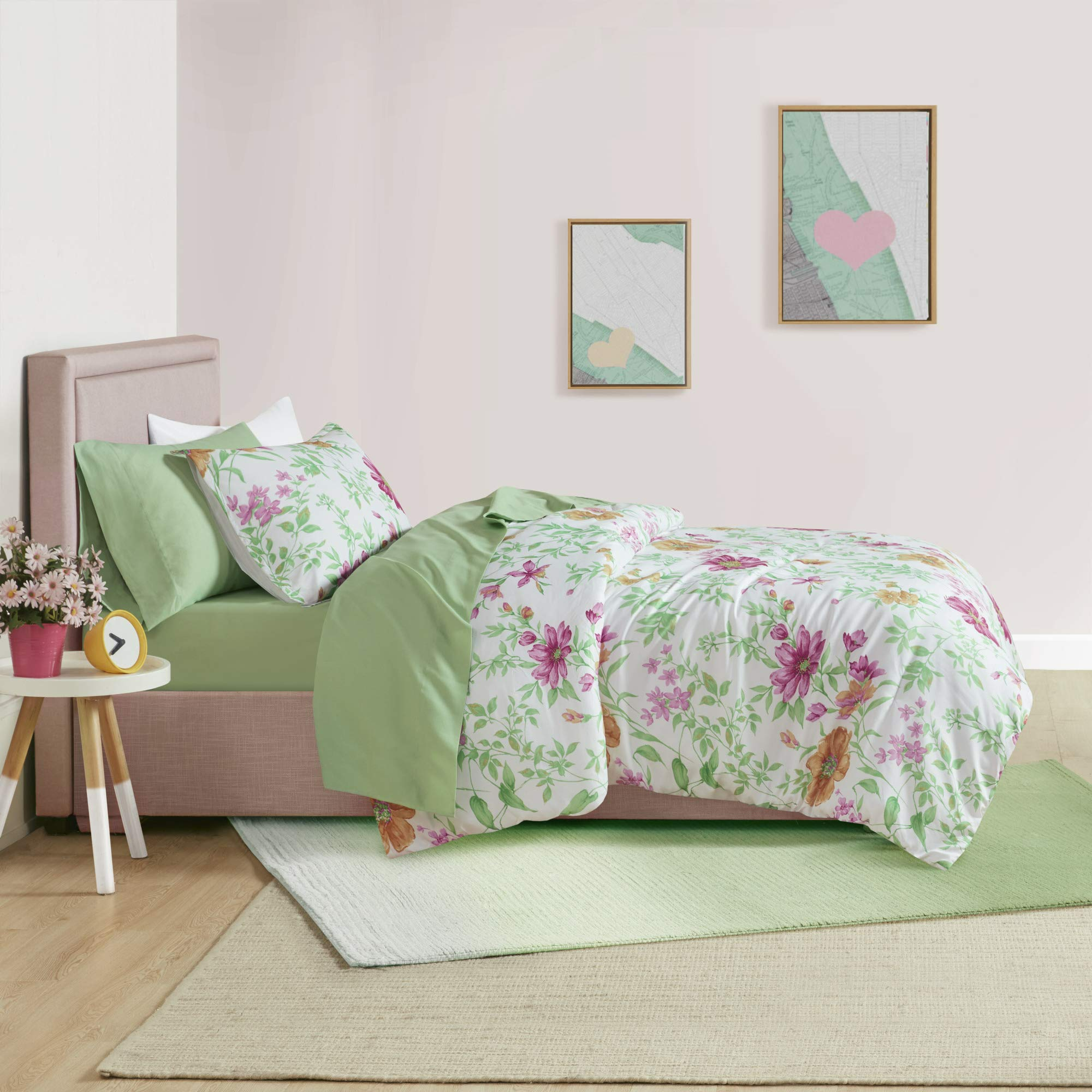 Comfort Spaces 9-Pieces Queen Bed in a Bag Comforter Sets Microfiber Down Alternative Daisies Green with Sheet Set and Side Pockets - image 5 of 12