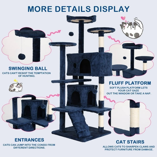 CL.HPAHKL 54In Cat Tree Tower for Large Cats, Cat Climbing Tower Cat Scratching Tree with Cat Scratching Stand, Big Cat Tree House Funny Toys for Kittens Pet(Navy Blue)