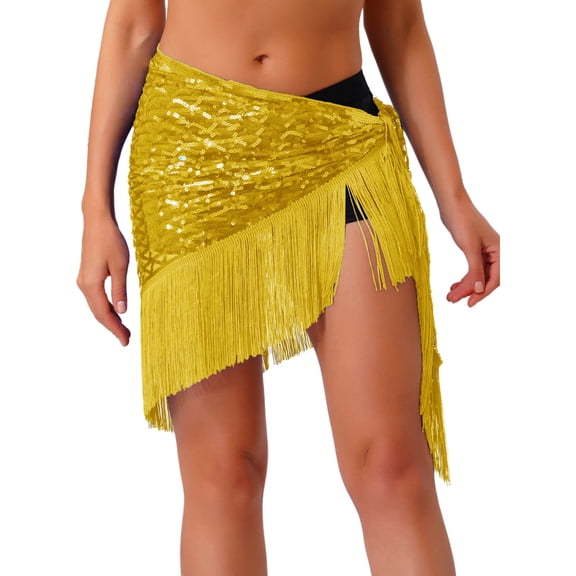 HULIJA Women's Belly Dance Hip Scarf Glittery Sequin Fringe Triangle Short Skirt Latin Jazz Dance Skirts Yellow One Size