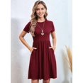 thumbnail image 6 of Women'S Short Sleeve Summer Dress Pleated Loose Swing Knee Length Dresses with Pockets Wine Red M, 6 of 9