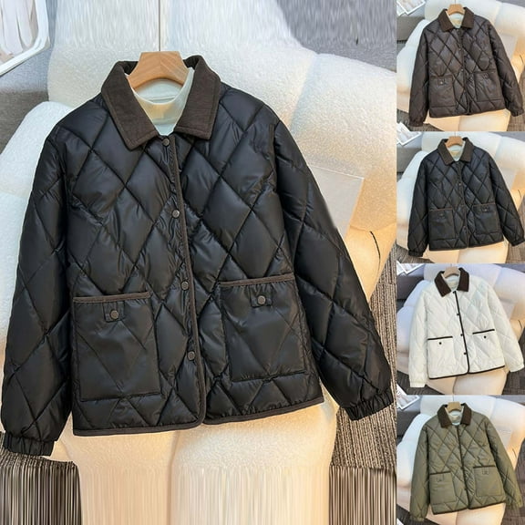 Oksale Womens Diamond Puffer Jacket Trendy Lapel Jackets with Pockets Casual Button Down Coats Loose Long Sleeve Winter Overcoats White S
