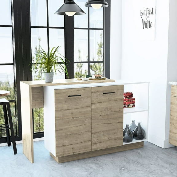 Kitchen Island - Rectangular Shape, White/ Oak With Three Shelves And Two Open Stationary Interior Display