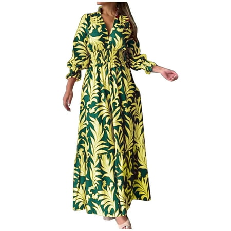 Lilgiuy Women Casual Print V-Neck High Waist Long Sleeve Long Dress Yellow Fall Dresses for 2022 Spring Winter