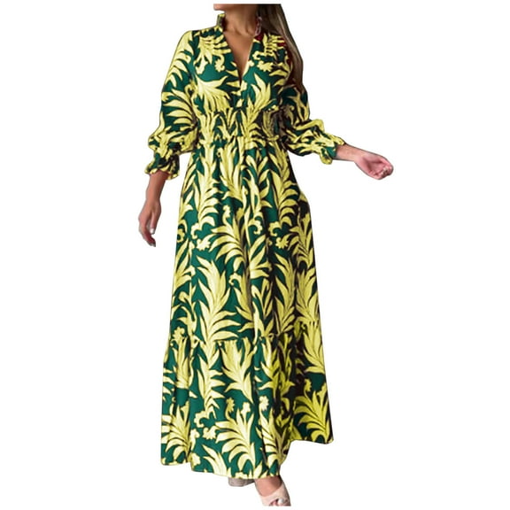 Lilgiuy Women Casual Print V-Neck High Waist Long Sleeve Long Dress Yellow Fall Dresses for 2022 Spring Winter