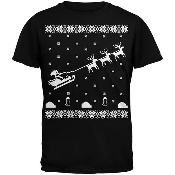 Flying Santa Sleigh Ugly Christmas Sweater Black Adult T-Shirt - Small