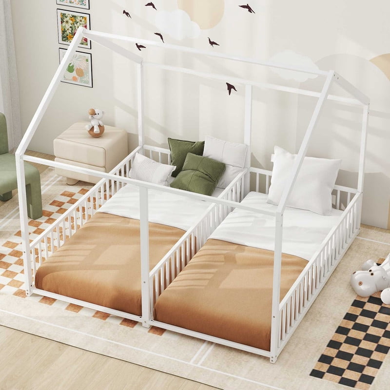 Mirightone Twin Size House Bed for 2 , Double Floor Bed for Twins, Twin House Platform Beds, Metal Floor Bed Frame. (White)