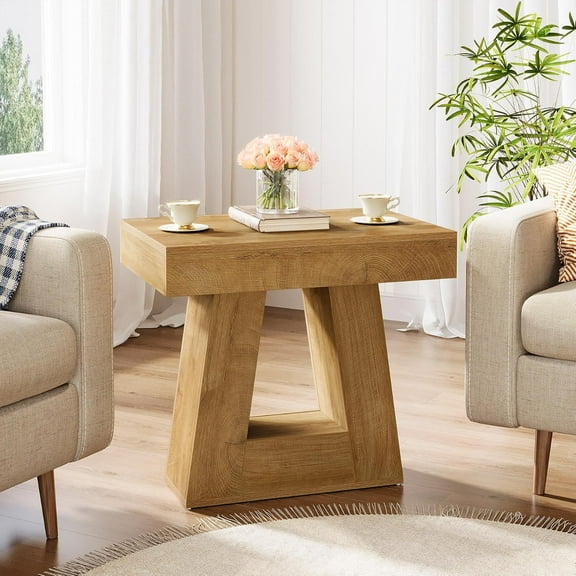 Tribesigns Modern Side Table with Trapezoid Base, 2-Tier Wooden End Table , Small Nightstand for Living Room, Natural Wood Color