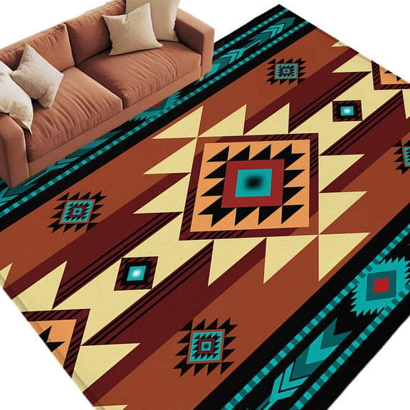 Turquoise Red Large Area Rugs for Bedroom Living Room, Soft Non Slip Carpet Bedside Rug, Southwest American Native Abstract Pattern Rectangular Floor Cover Kitchen Accent Rug 6'x9' for Office