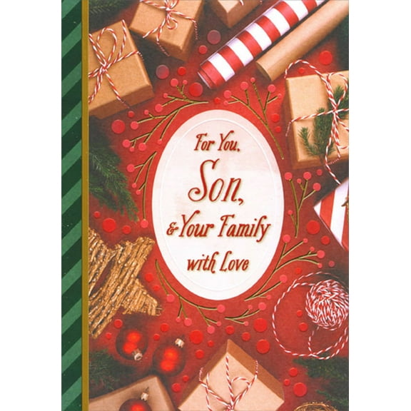 Designer Greetings Presents Tied with Red and White String : Red and White Gift Wrapping Christmas Card for Son and Family
