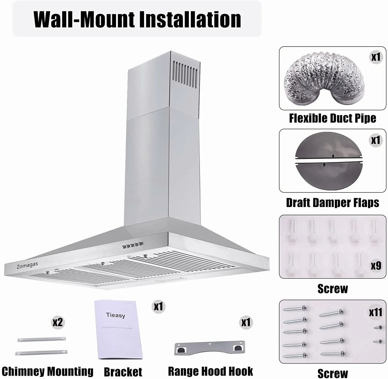 36" Wall Mount Range Hood 450CFM 120V - Stainless Steel with 3-Speed Control & LED Light