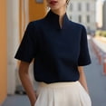 thumbnail image 4 of LEKODE Women Stand Split Collar Short Sleeve Blouse, Elegant Solid Color Work Office Casual Dress Shirt Top Dressy Top Loose Summer Tops for Women Navy XL, 4 of 5