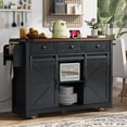 thumbnail image 2 of Farmhouse Kitchen Island with Power Outlet, 2 Sliding Barn Door Kitchen Storage Island with Drop Leaf, Spice Rack Rolling Kitchen Cart on Wheels, for Home, Kitchen and Dining Room, Black, 2 of 8
