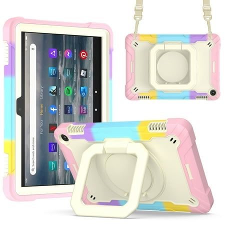 Fire HD 8 Case 2022, Fire HD 8 Plus Case 2022 - TECH CIRCLE Kids Proof Rugged Kickstand Handle Case with Adjustable Viewing Angles /Shoulder Strap for Fire HD 8 (12th Gen.) Tablet, Colorful/Pink
