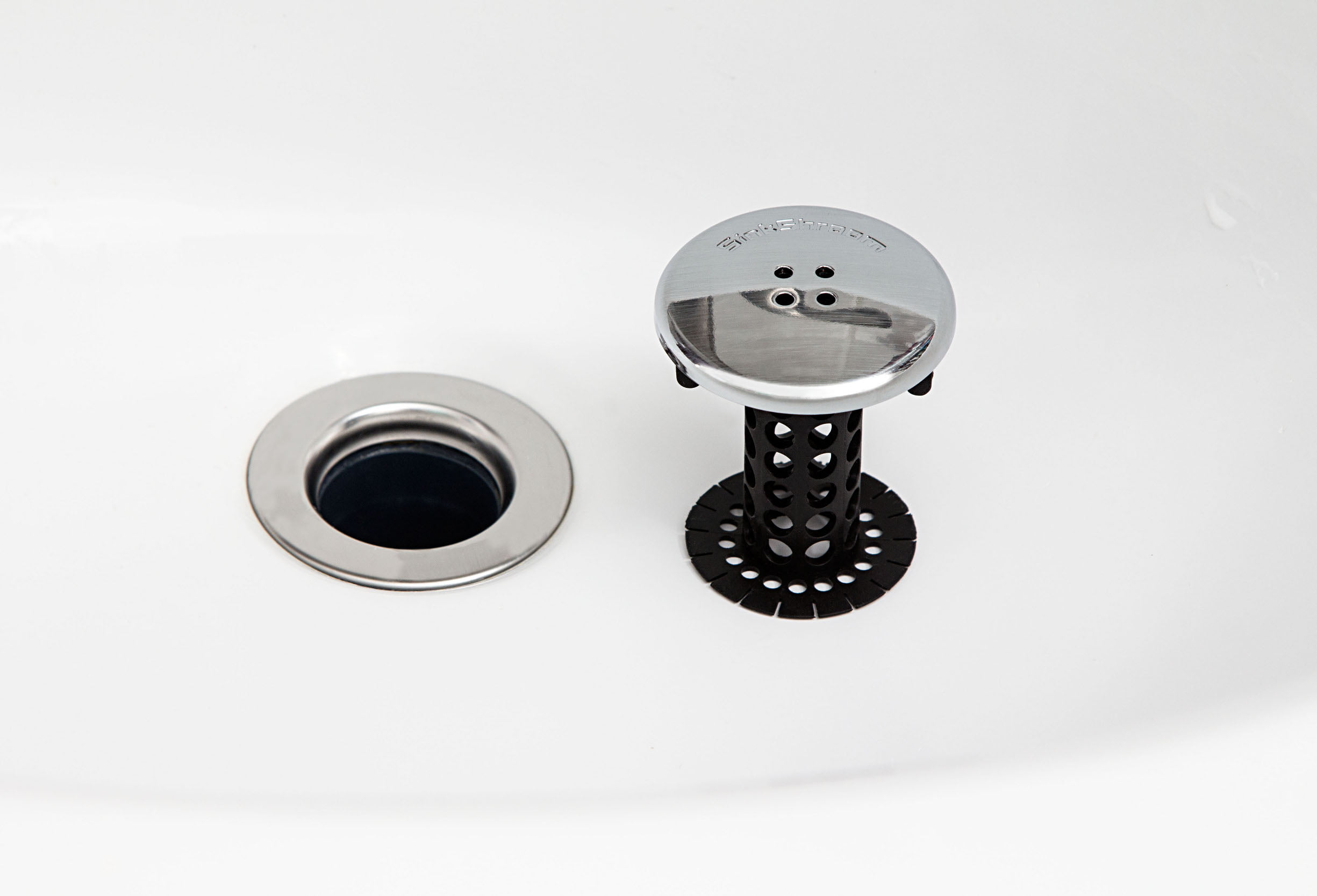 Kitchen SinkShroom Revolutionary Clog-Free Stainless Steel Sink Strainer,  Chrome Gray & OXO Good Grips Silicone Sink Strainer, Black
