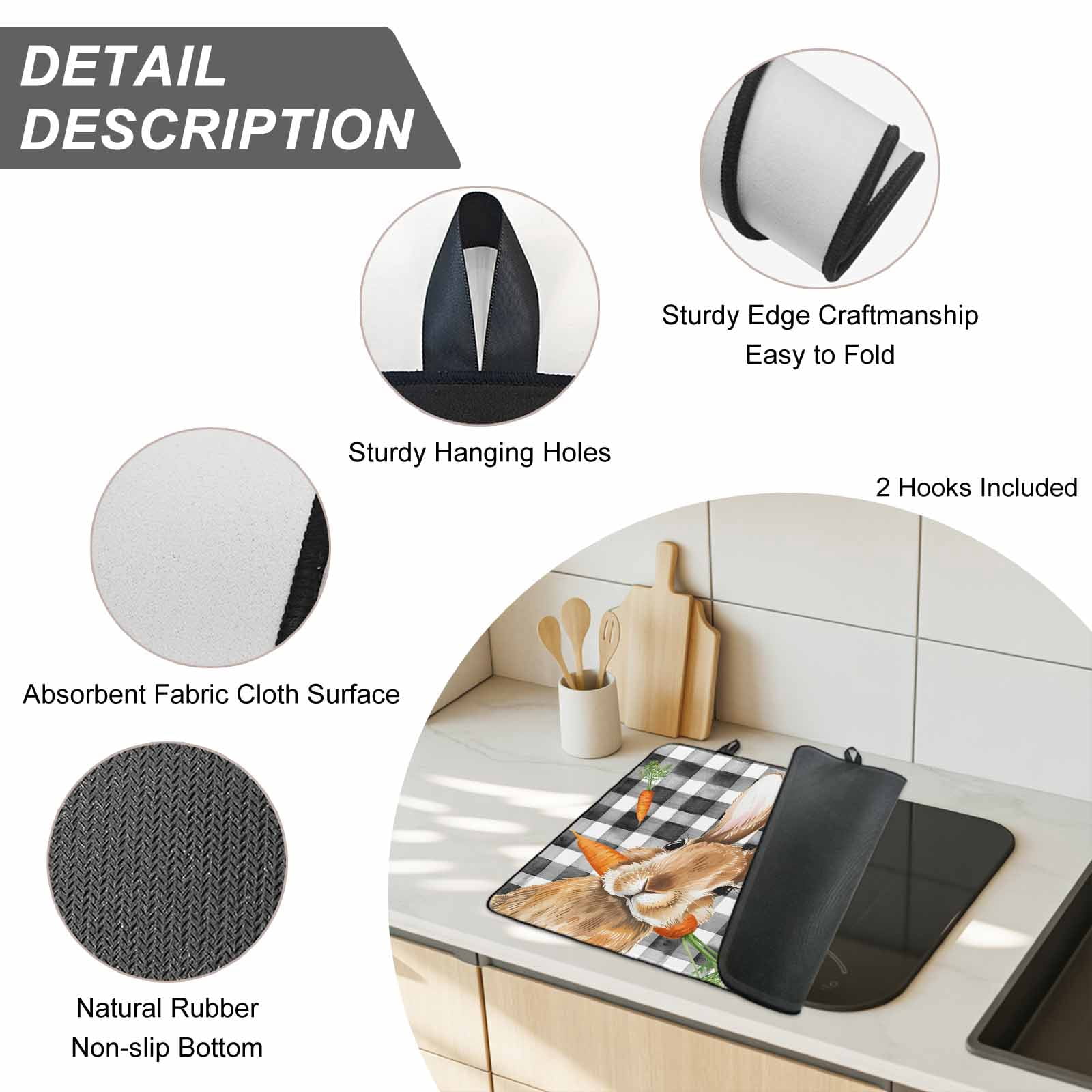Easter Bunny Stove Top Cover for Electric Stove, Heat-proof & Non Slip Glass Top Stove Cover Protector, Spring Rabbits Carrots Black Buffalo Plaid Kitchen Flat Cooktop Rubber Mat 24x21 Inches
