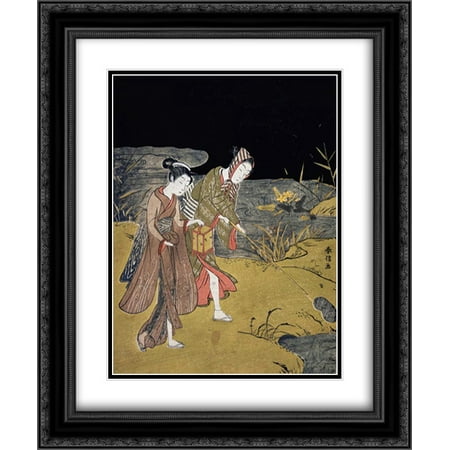 Black Suzuki Frame (A Young Couple Catching Fireflies at Night On The Banks of a River 2x Matted 20x24 Black Ornate Framed Art Print by Harunobu,)