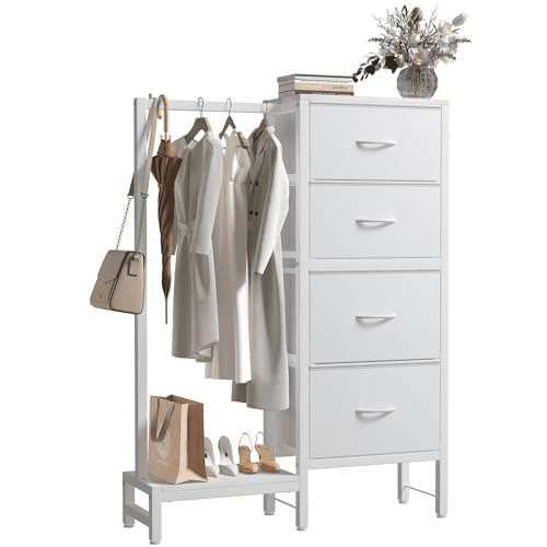 44''H Small Closet Dresser with Hanging Rack, 4 Drawers Fabric Chest & Clothes Rack