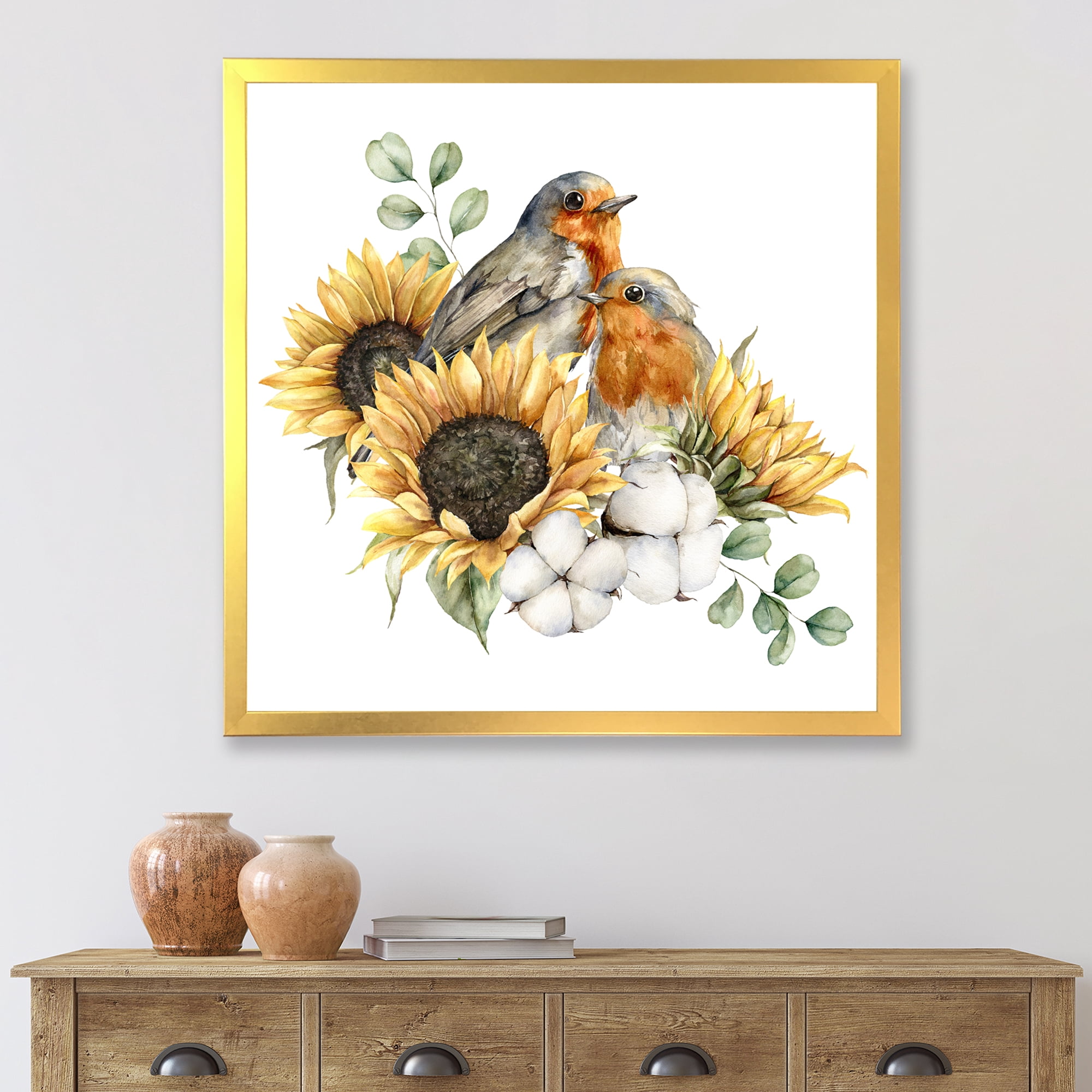 Designart 'Autumn Bouquet With Robin Redbreasts Sunflowers Cotton' Traditional Framed Art Print