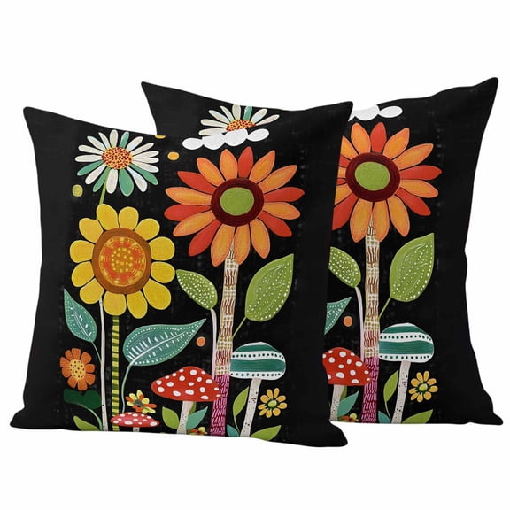 Spring Boho Pillow Covers 2 Pack Red Yellow Flower Leaves Dots Painting Pillowcase Waterproof Outdoor Throw Pillow Cover for Patio Garden Square Cushion 16”x16”