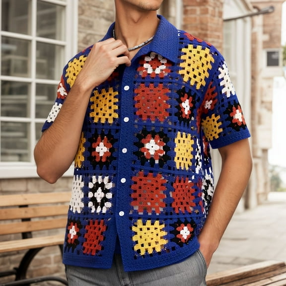 Men Shirts Short Sleeve Hollow Crochet Cardigan Knitted Top Button Down Collared Breathable Summer Hawaiian Shirt for Men Navy L