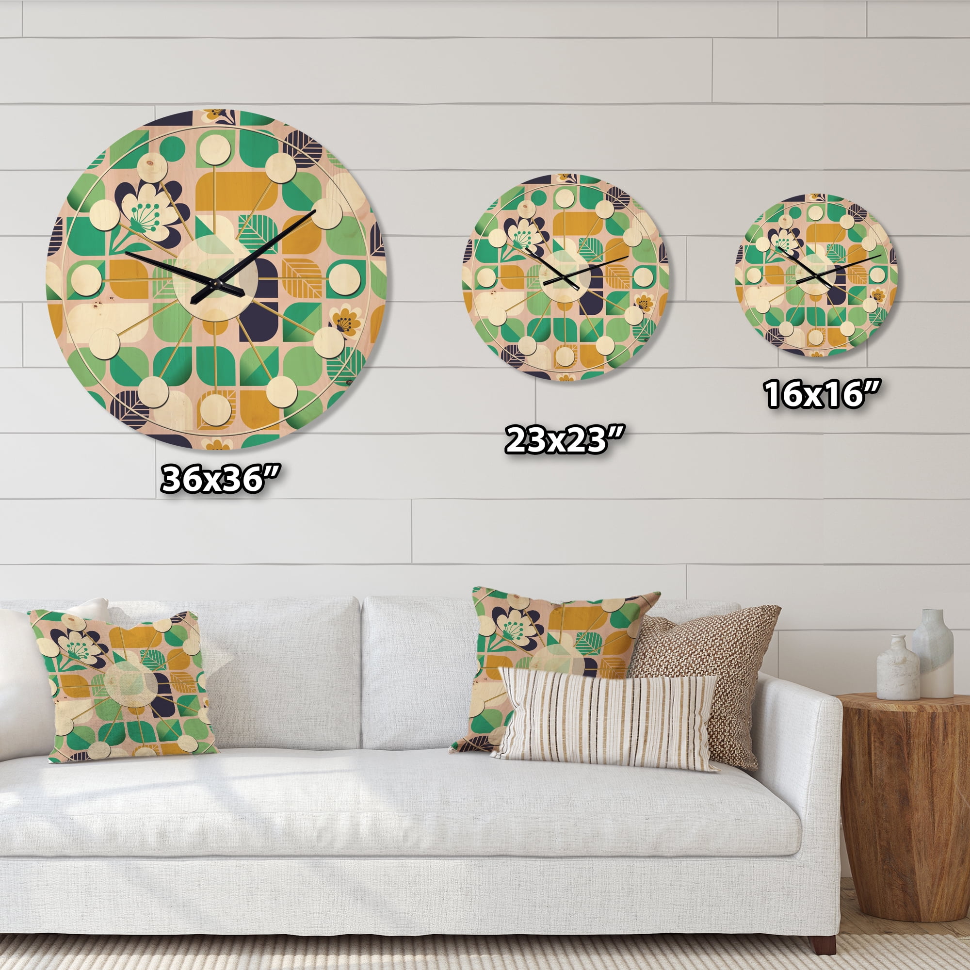 Designart 'Leaves and Flowers With Geometric Pattern' Mid-Century Modern Wood Wall Clock