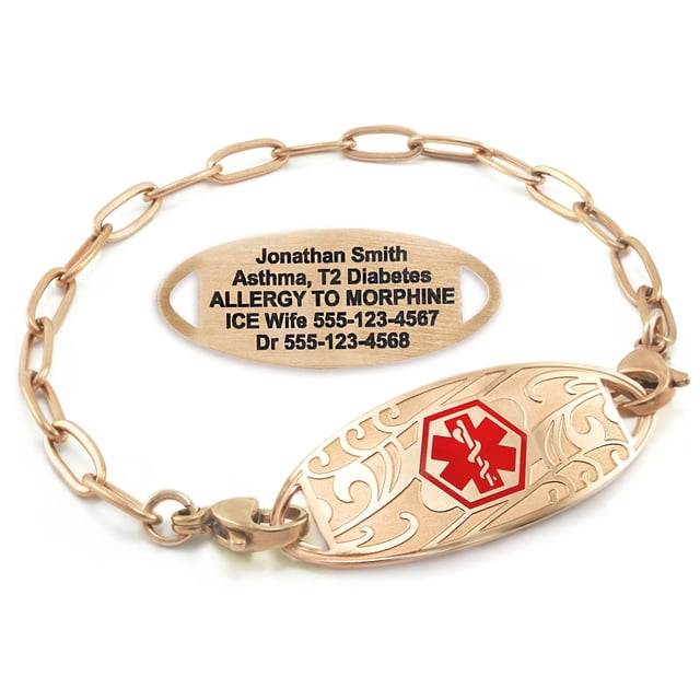MedicEngraved Rose Gold Stainless Steel Custom Medical Alert Bracelet - 4mm Paperclip Link